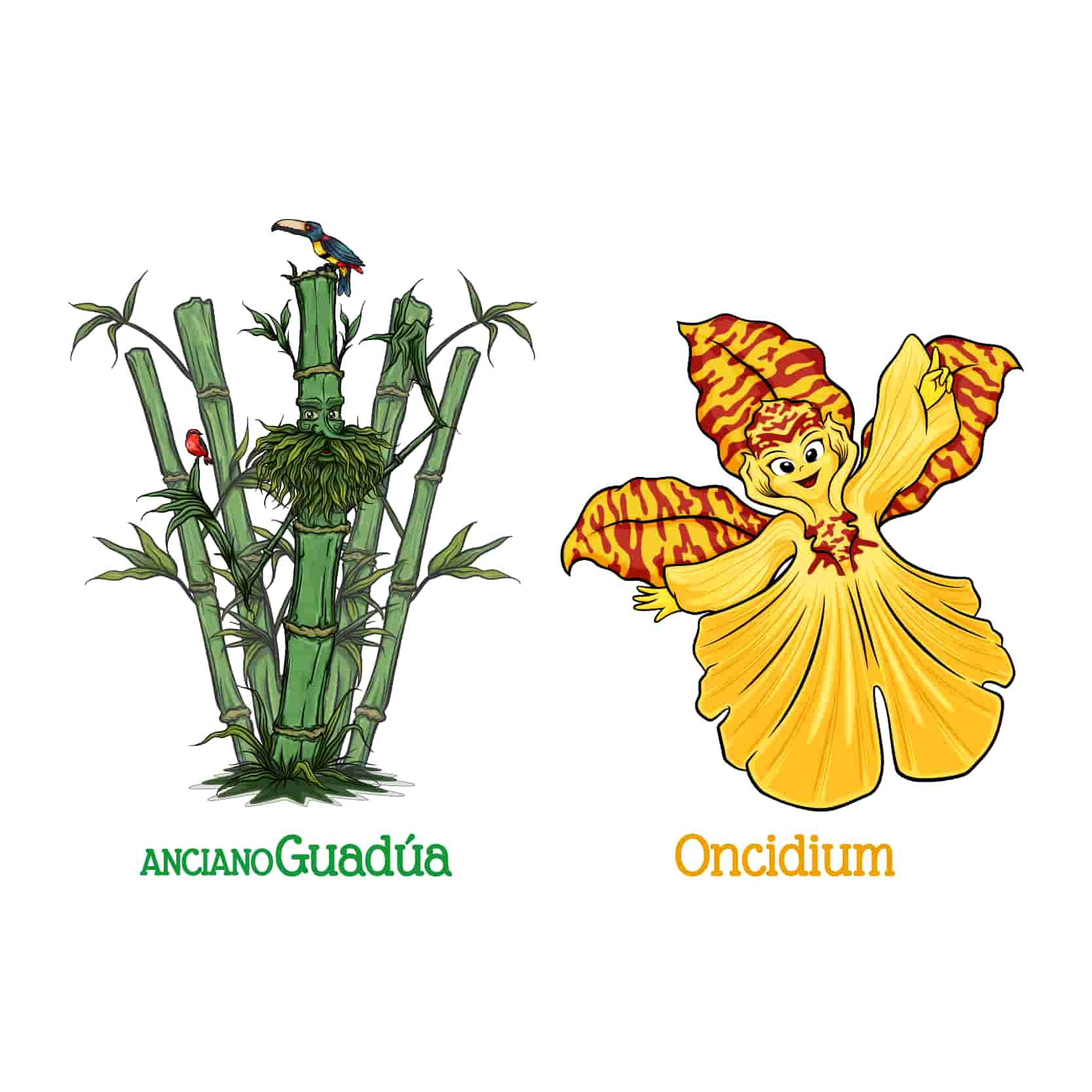 Personajes Jardín Botánico Anciano Guadúa y Oncidium